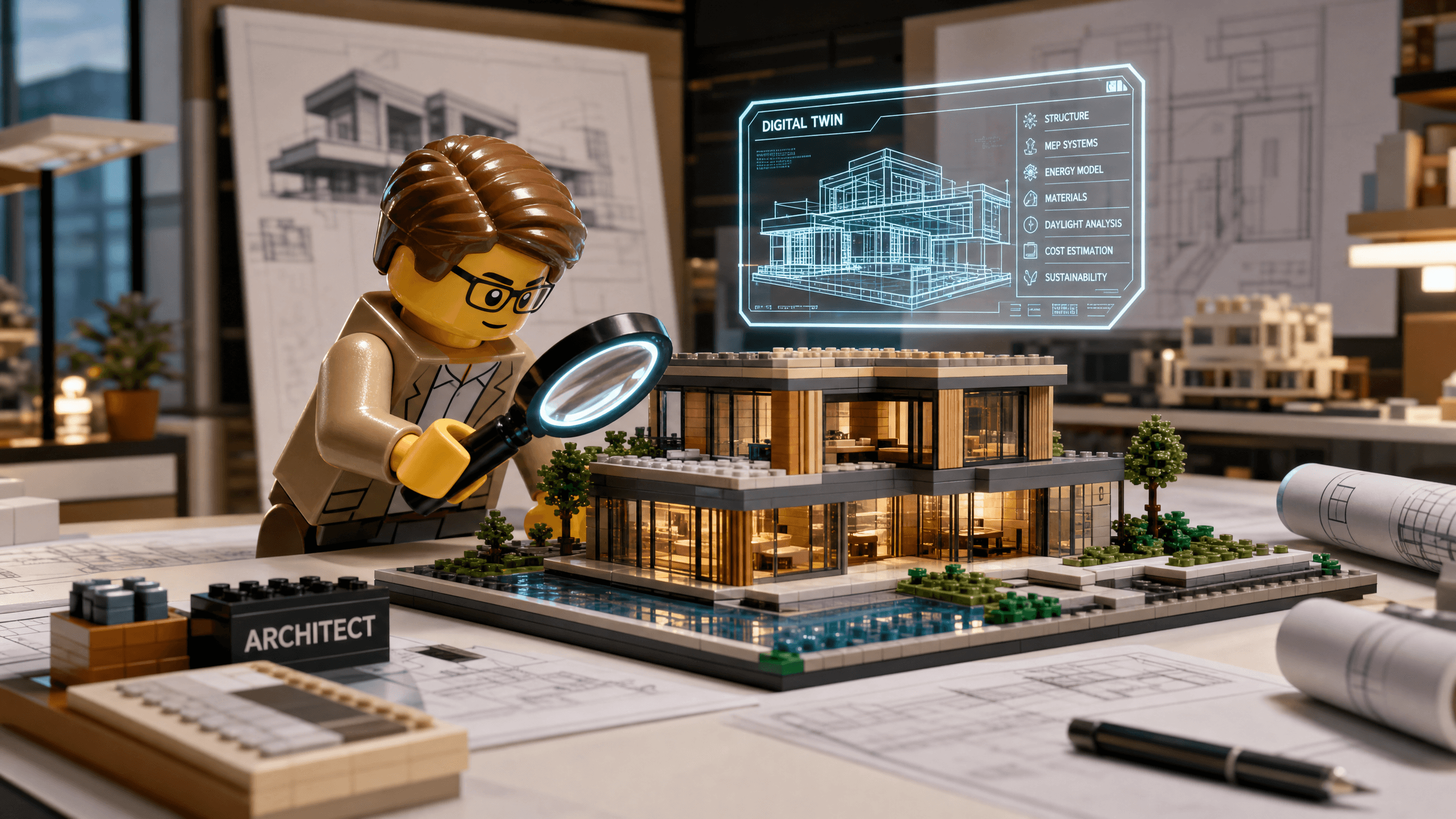 A premium LEGO-inspired diorama showing a LEGO architect inspecting a digital twin model of a luxury villa on a drafting table.