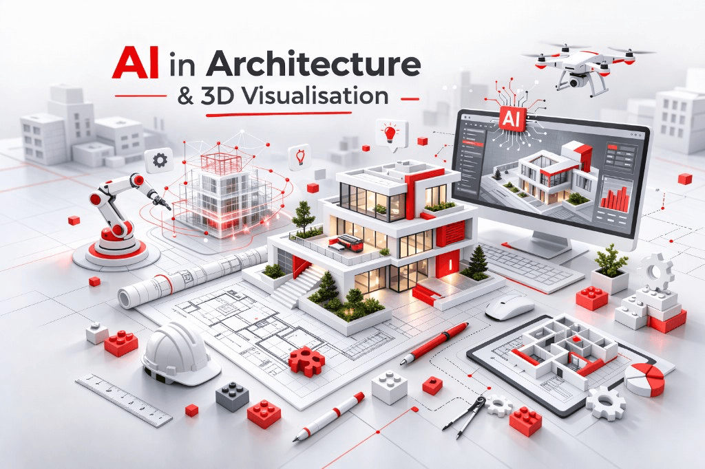 Architectural 3D workflow combining AI-assisted concept renders and manual refinement