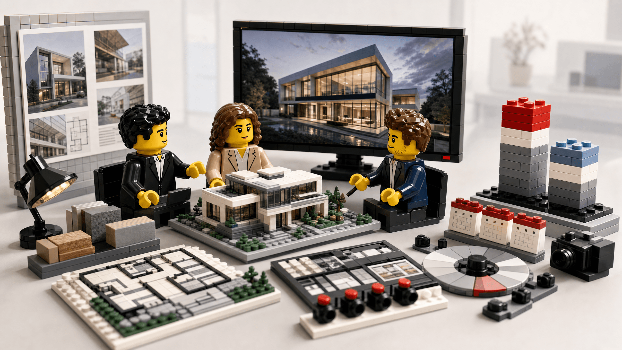 Architect and developer reviewing 3D rendering costs and project timelines in a premium toy brick studio scene.