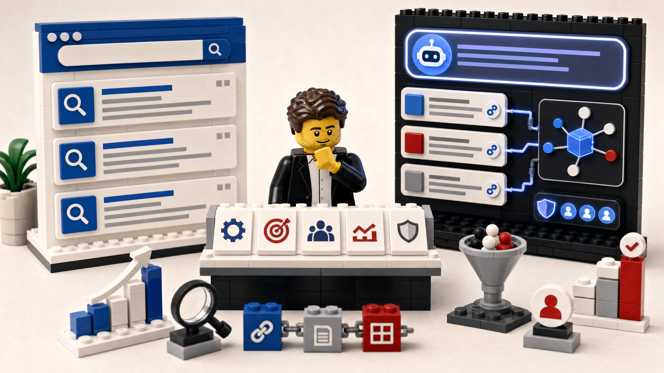 Small business owner looking at a glowing AI search dashboard in a premium toy brick storefront scene.