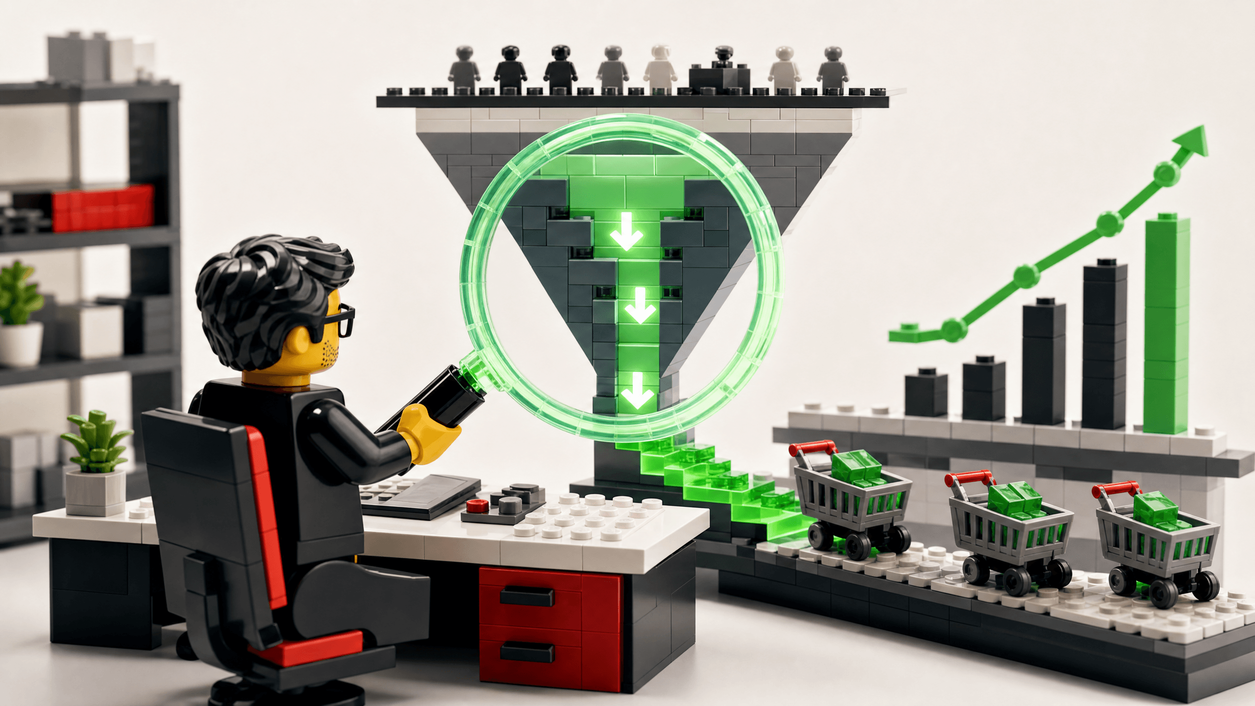 Business owner optimizing e-commerce conversion rates with a glowing magnifying glass over a checkout funnel in a premium toy brick diorama.