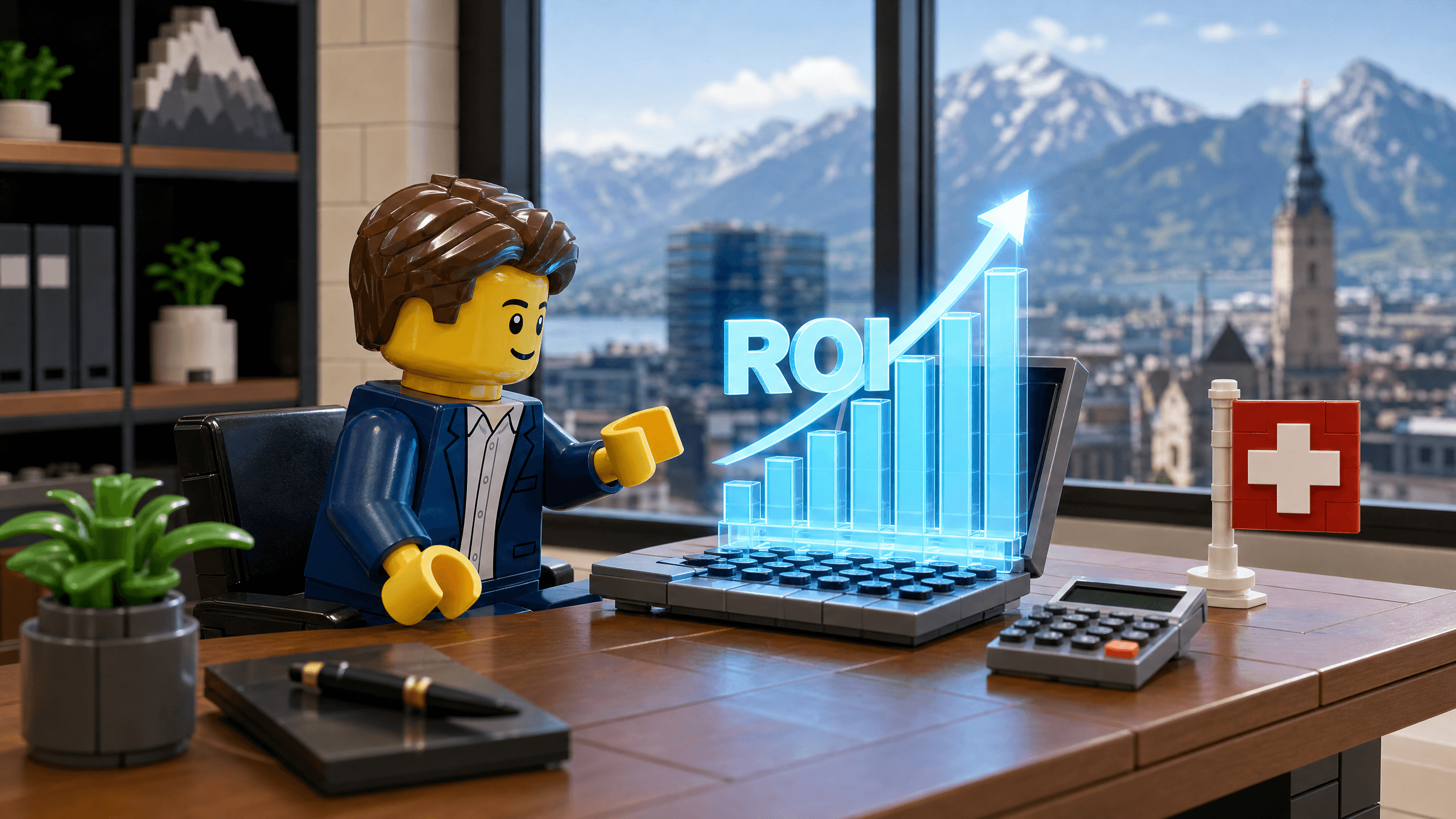 A premium LEGO-inspired diorama of a Swiss business owner analyzing a glowing ROI chart on a laptop in a modern office.