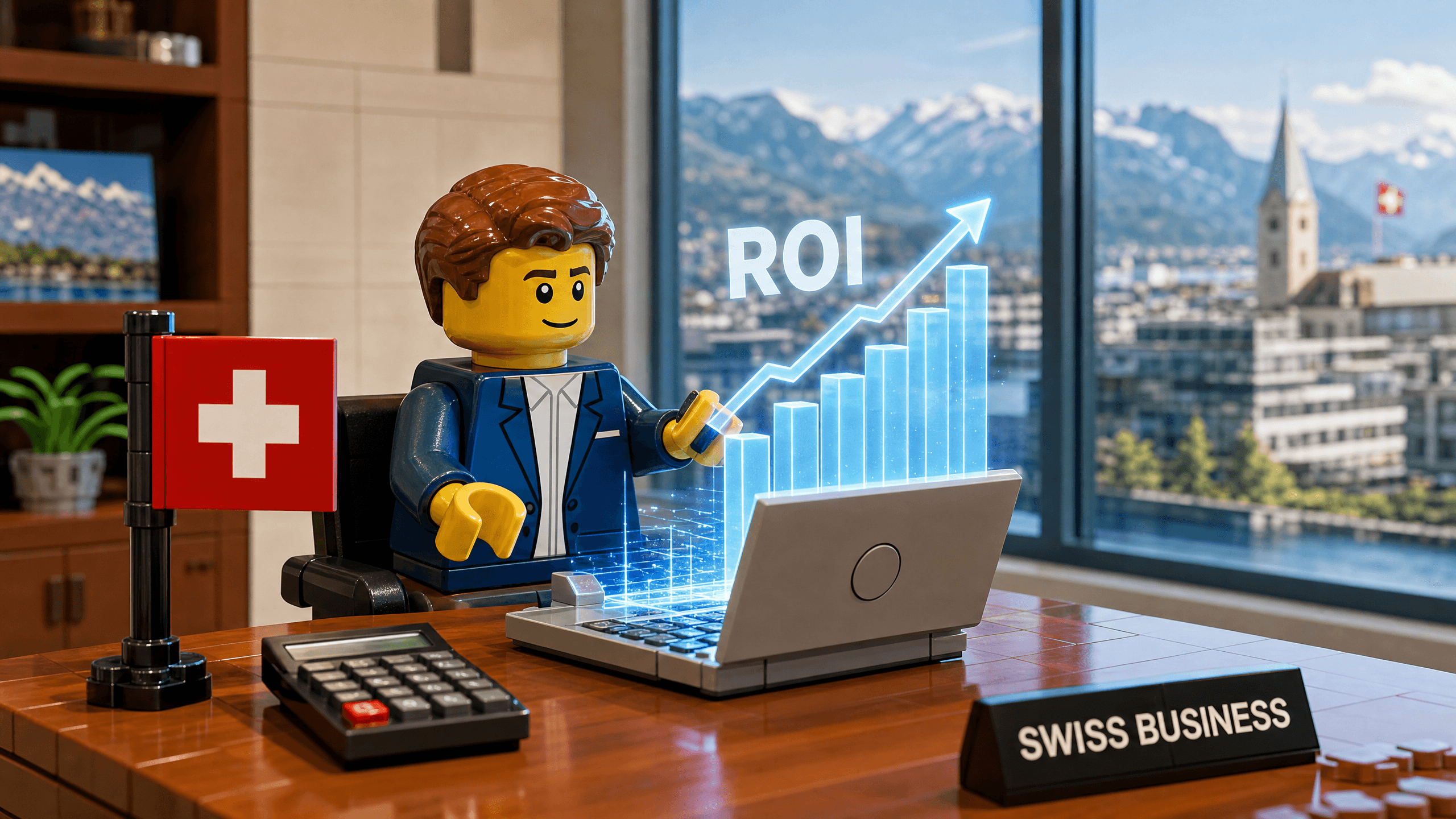 A premium LEGO-inspired diorama of a Swiss business owner analyzing a glowing ROI chart on a laptop in a modern office.