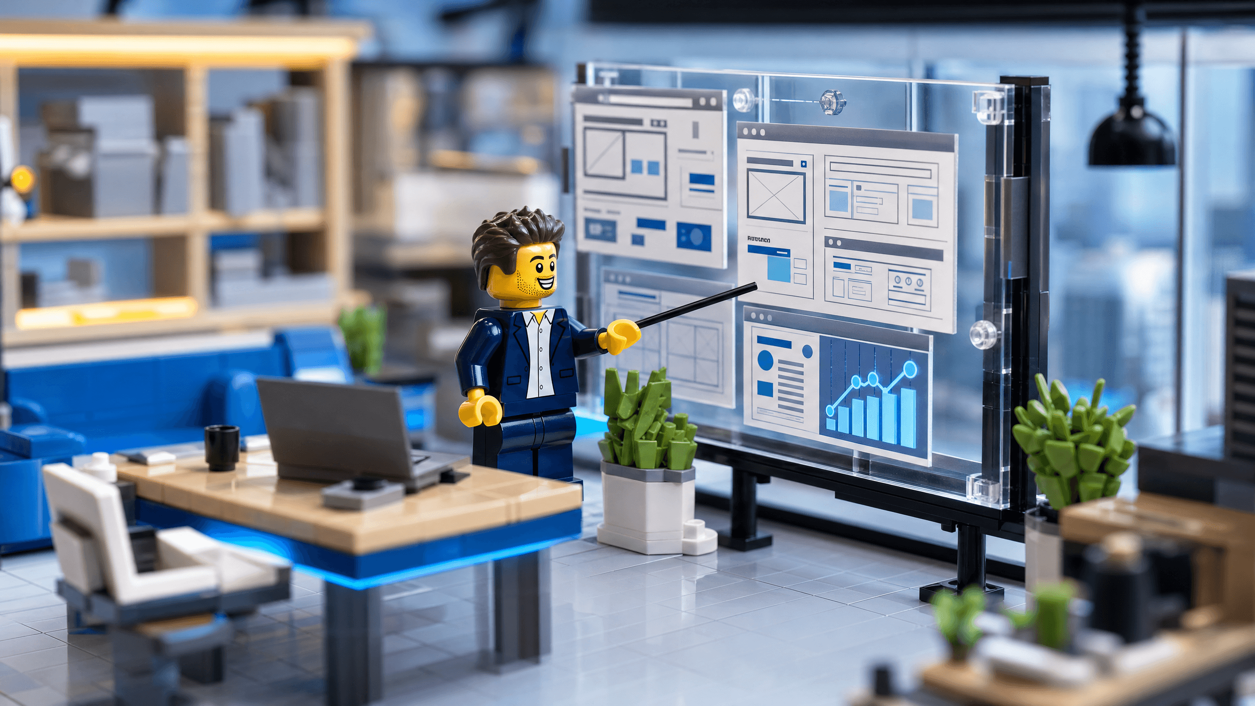 A premium LEGO-inspired diorama of a business owner reviewing a transparent website pricing and ROI board in a modern office.