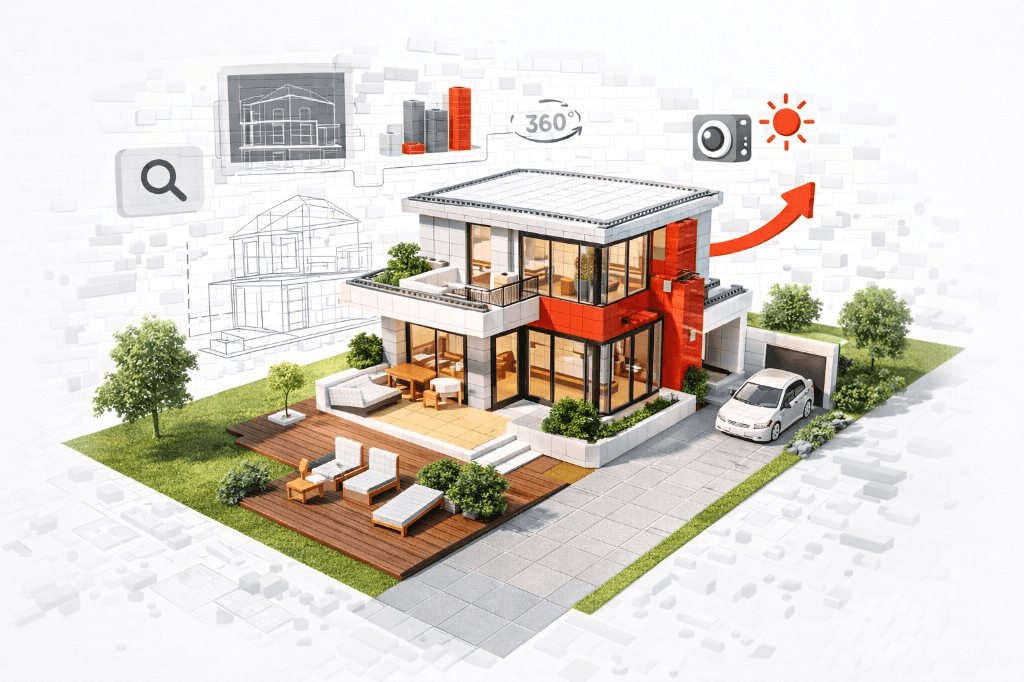 Modern residential architecture visualised as a high-detail 3D render