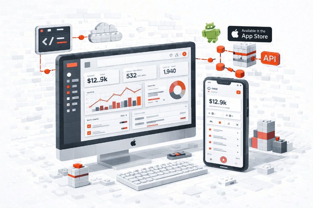 Cross-platform app dashboard with desktop and mobile interface components